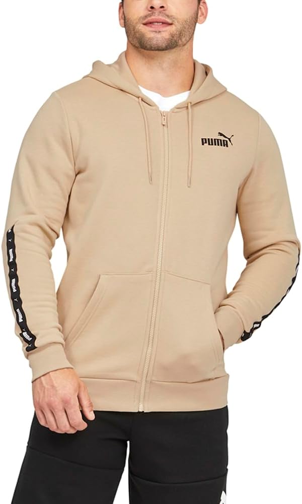 Puma Mens Essentials+ Tape Full-Zip Hoodie Casual Outerwear Casual Moisture Wicking – Beige