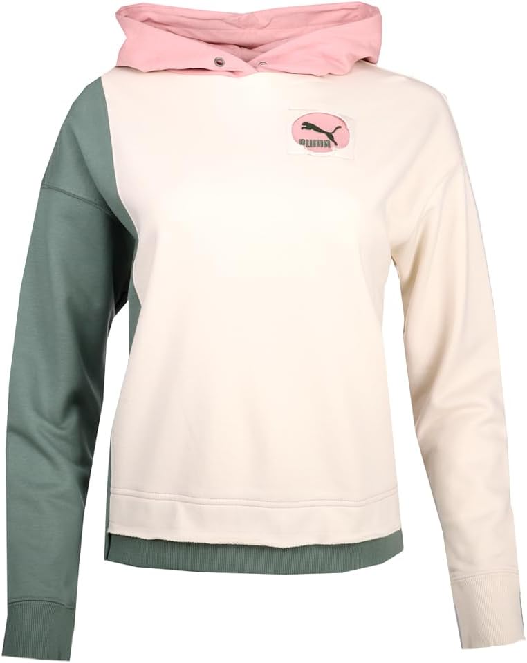 Puma Womens Classics Now & Then Logo Hoodie Casual Outerwear Casual – Green, Off White