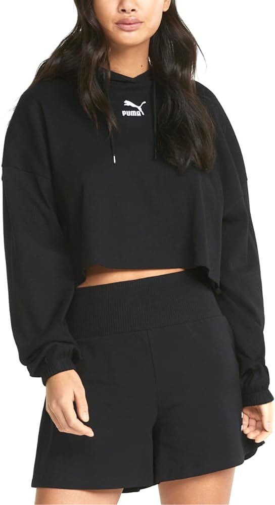 Puma Womens Classics Ribbed Hoodie Casual Hoodie Drawstring – Black