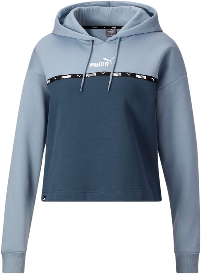 Puma Womens Power Tape Cropped Logo Hoodie Athletic Outerwear Casual – Blue