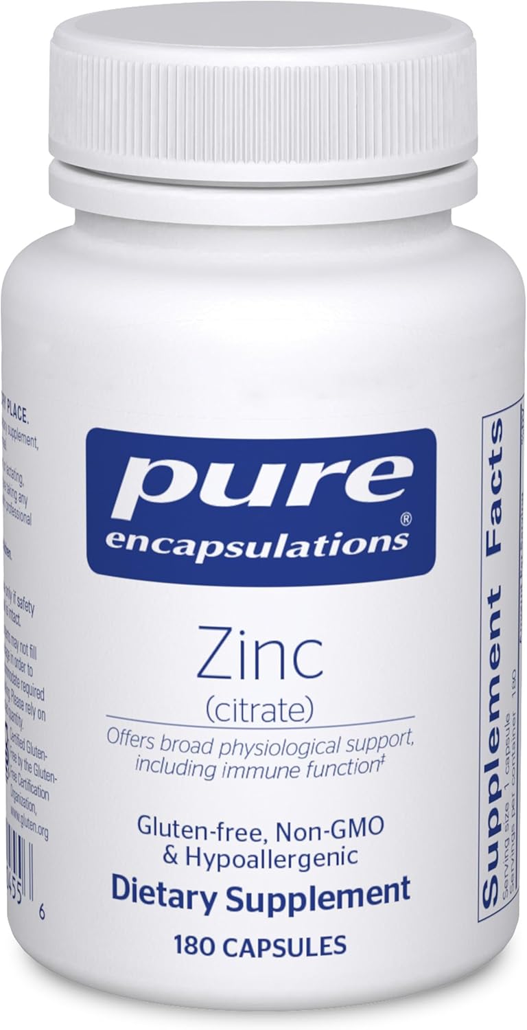 Pure Encapsulations Zinc (Citrate) – for Immune System, Tissue Development & Metabolism* – Mineral Supplement with Enzymes – Highly Absorbable Zinc – Vegan & Non-GMO – 180 Capsules