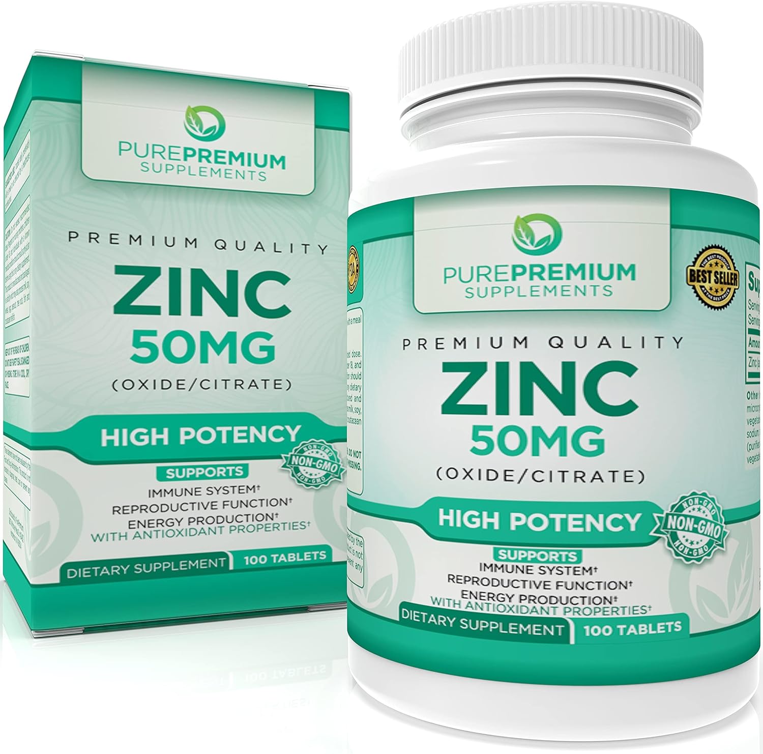 PurePremium Zinc 50mg – Natural Zinc Supplements for Men & Women – Vitamin Zinc Citrate/Oxide for Adults – High Potency Zinc Supplement for Immune Antioxidant, Energy Support – 100 Zinc Tablets