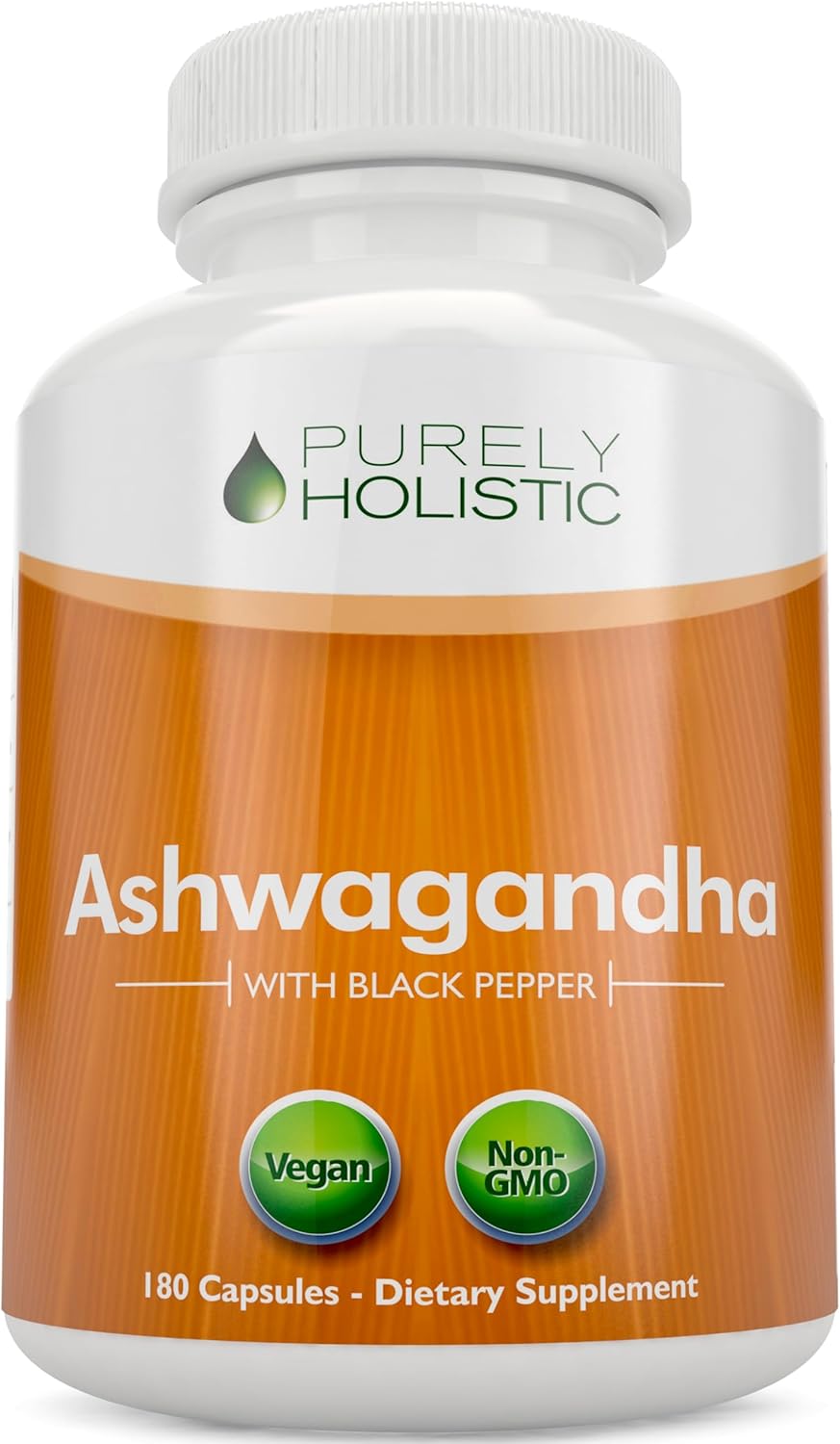 Purely Holistic Organic Ashwagandha 1300mg – 180 Vegan Capsules – 650mg of Ashwaganda per Capsule – 3 Month Supply – High Strength Ashwaganda Root Extract with Black Pepper