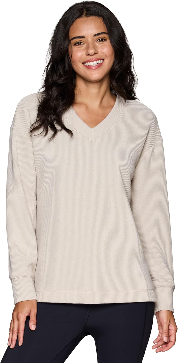 RBX Active Lightweight Sweatshirt for Women Soft Ribbed Long Sleeve Yoga Top Pullover V-Neck Sweater, with Plus Sizes