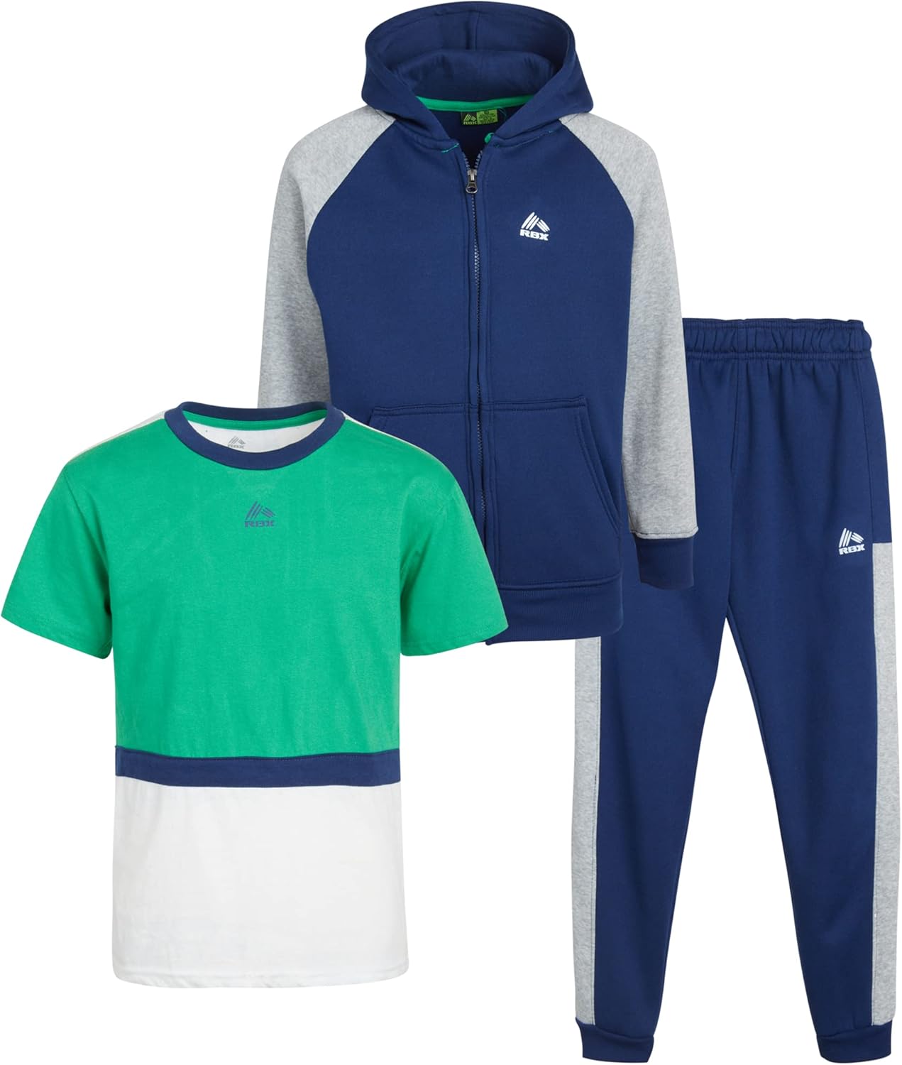 RBX Boys’ Sweatsuit Set – 3 Piece Active Fleece Full Zip Up Hoodie, Short Sleeve Tee Shirt, and Jogger Pants for Boys (8-12)