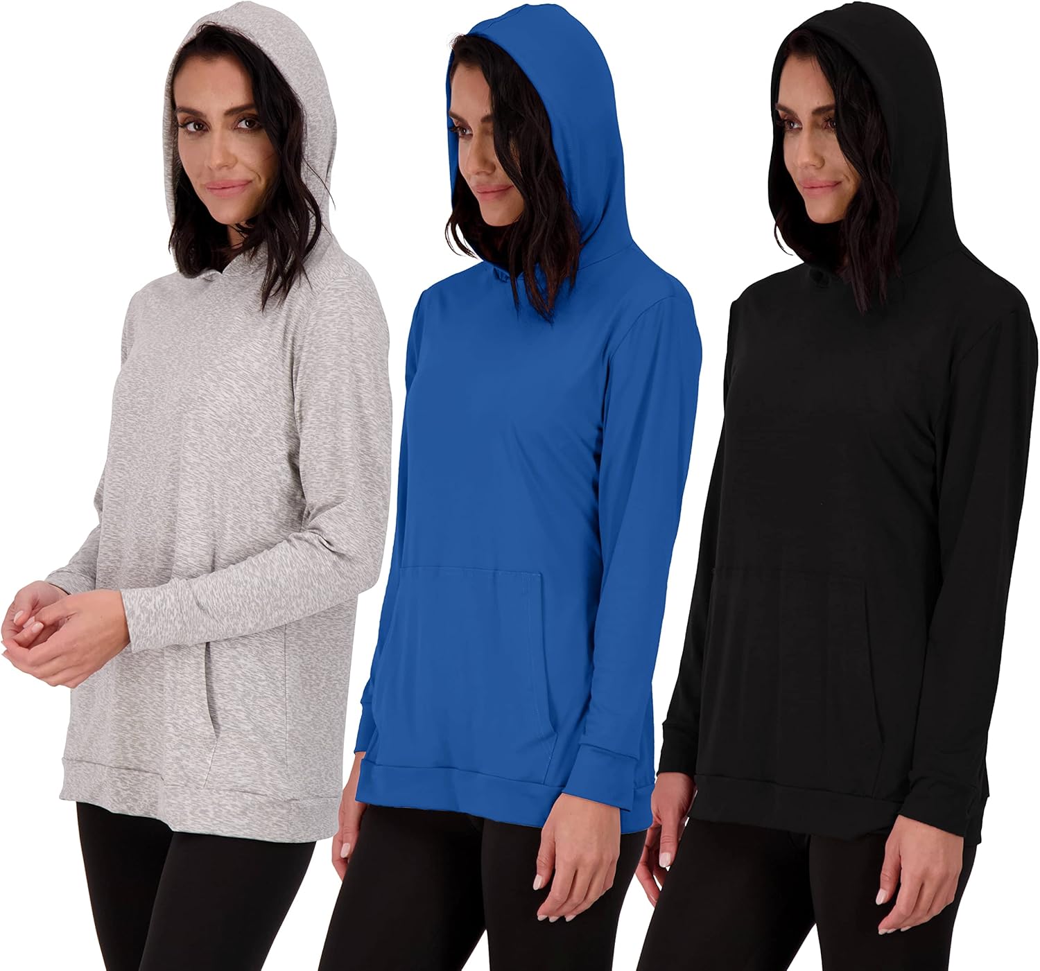 Real Essentials 3 Pack: Women’s Dry Fit Long-Sleeve Hoodie Pullover Sweatshirt Pocket – Active Lounge (Available In Plus)