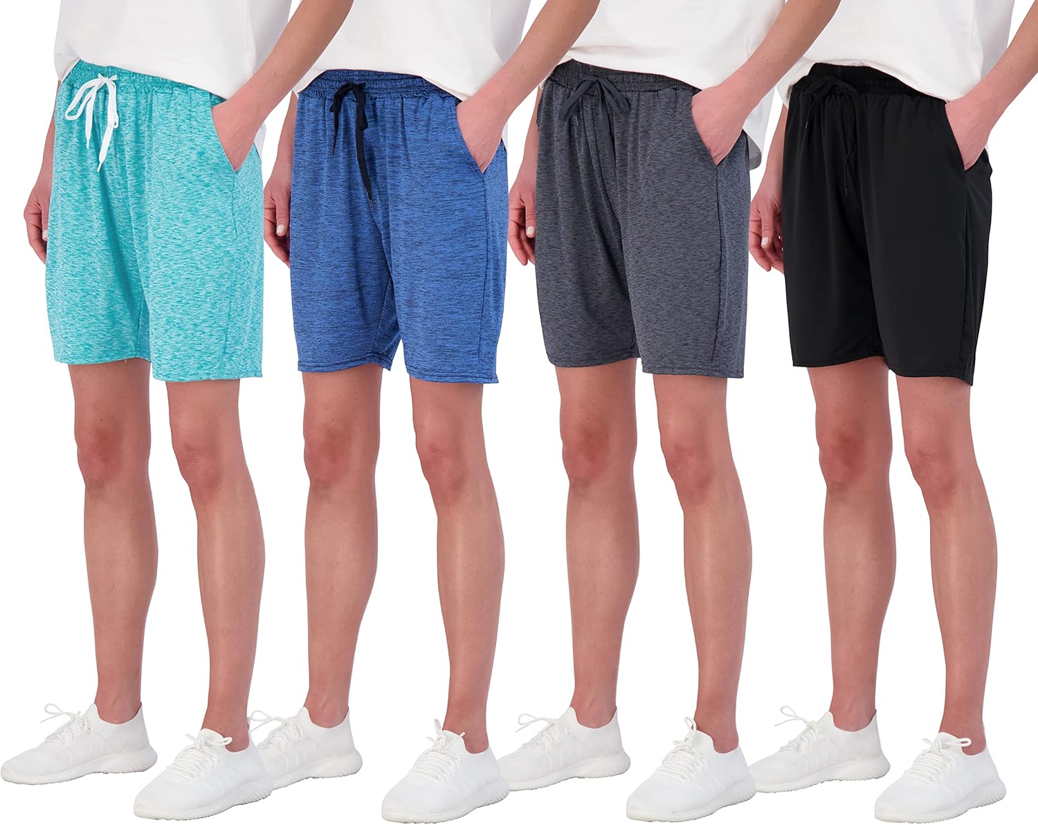 Real Essentials 4 Pack: Women’s Dry-Fit Athletic 7″ Bermuda Long High Waisted Running Shorts (Available in Plus Size)