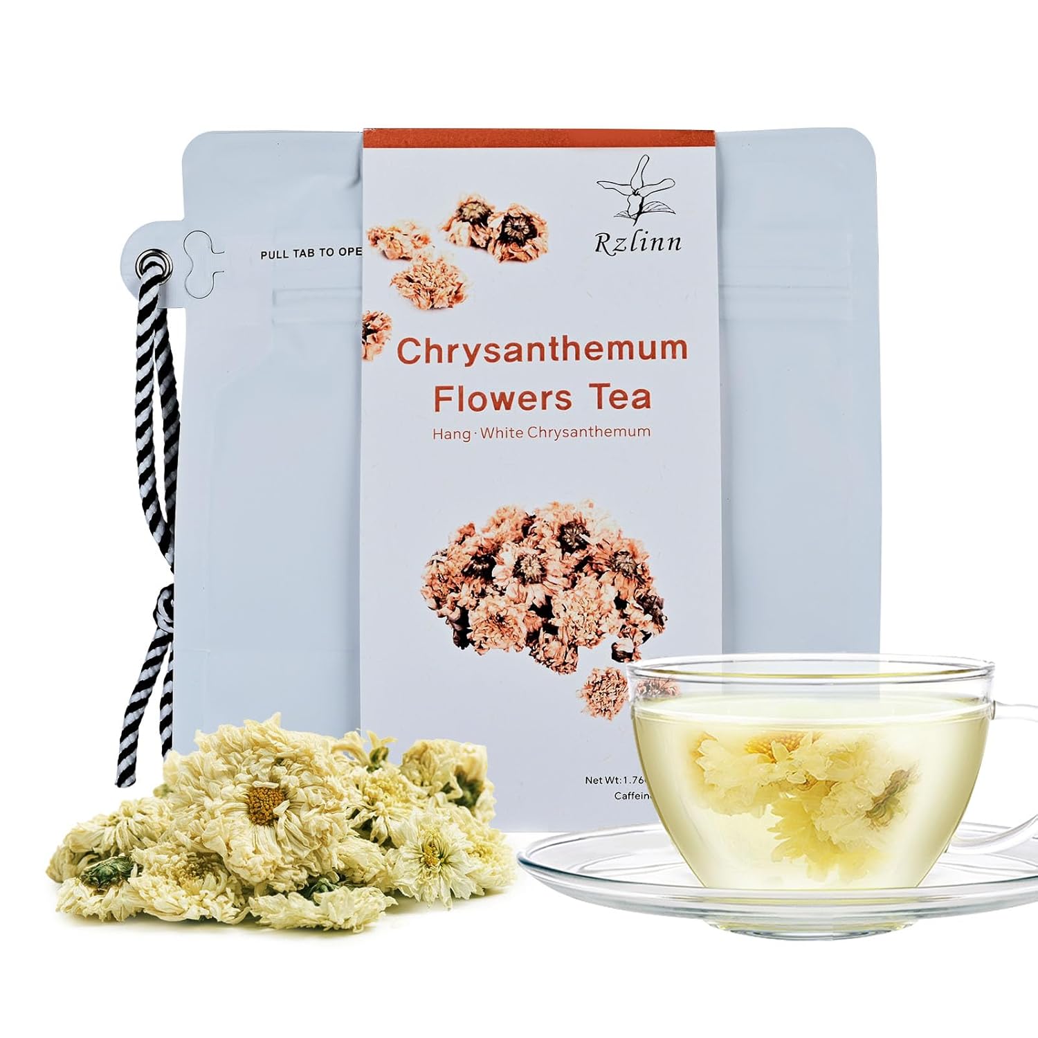 Rzlinn Whole Chrysanthemum Tea, (1.76Oz) Premium Pure Hang White Chrysanthemum Flowers,Portable and reusable tea bags, Caffeine Free Tea Gift for Tea Lovers