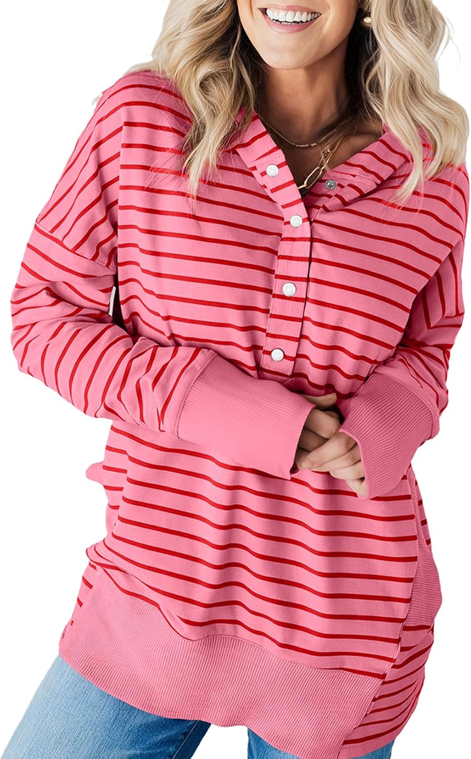 SHEWIN Hoodies for Women Casual V Neck Long Sleeve Striped Hooded Sweatshirt with Pocket Button Pullover Tops