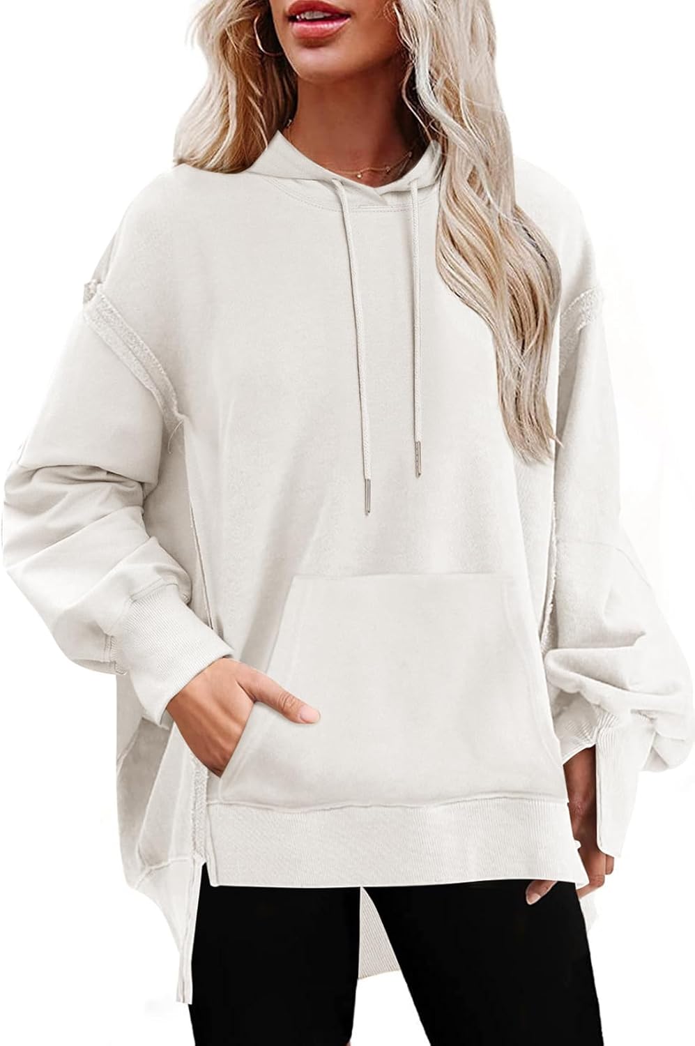 SHEWIN Women’s Casual Oversized Hoodies Long Sleeve Reverse Seam Sweatshirts Lightweight Pullover Tops Drawstring Hoodie