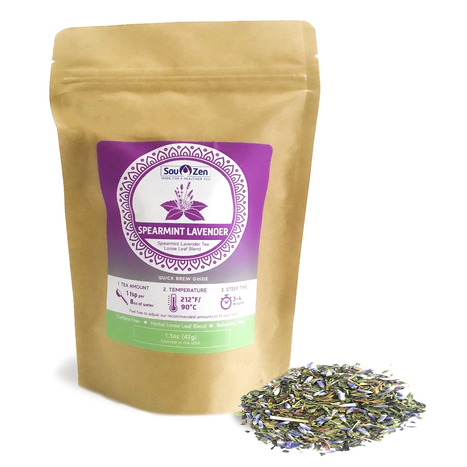 Sou Zen Spearmint Lavender 1.5oz (42g) Loose Leaf Tea | Premium Quality Whole Herbal Flowers and Leaves with No Preservatives | Raw and Naturally Organic | Decaffeinated and Relaxing with No Additives