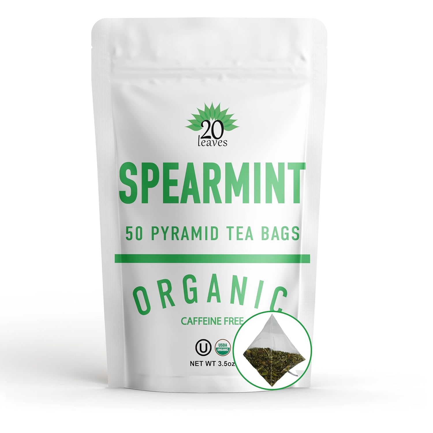Spearmint Tea – 100% Certified Organic – Herbal Tisane – Caffeine Free Hot Tea – 50 Pyramid Tea Bags Sachets in a Resealable Bag