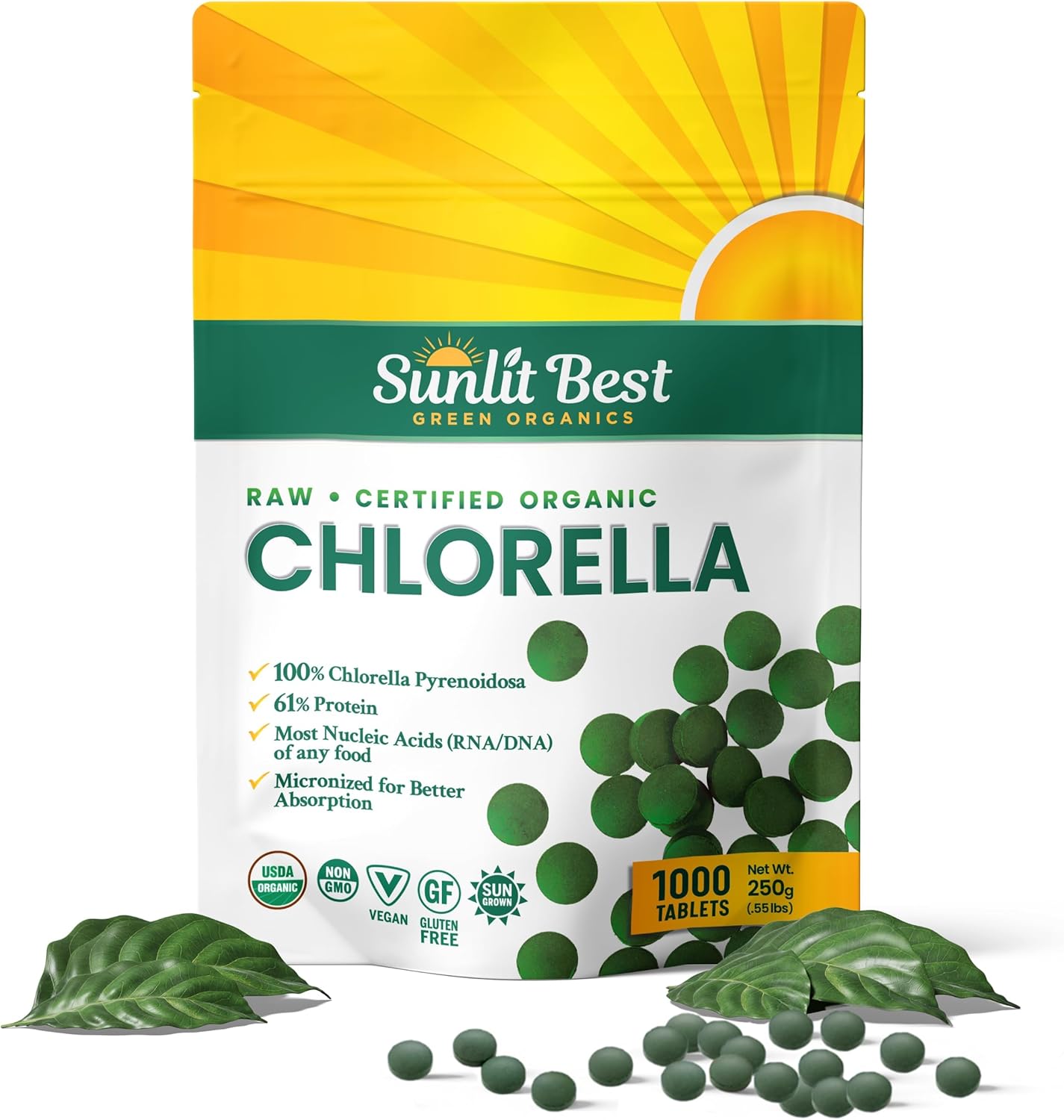 Sunlit Best USDA Organic Premium Chlorella Tablets 1000 Count | 100% Pure Chlorella Superfood Supplement High in Protein, Chlorophyll, Vitamins, & Minerals | Supports Good Health, Wellbeing