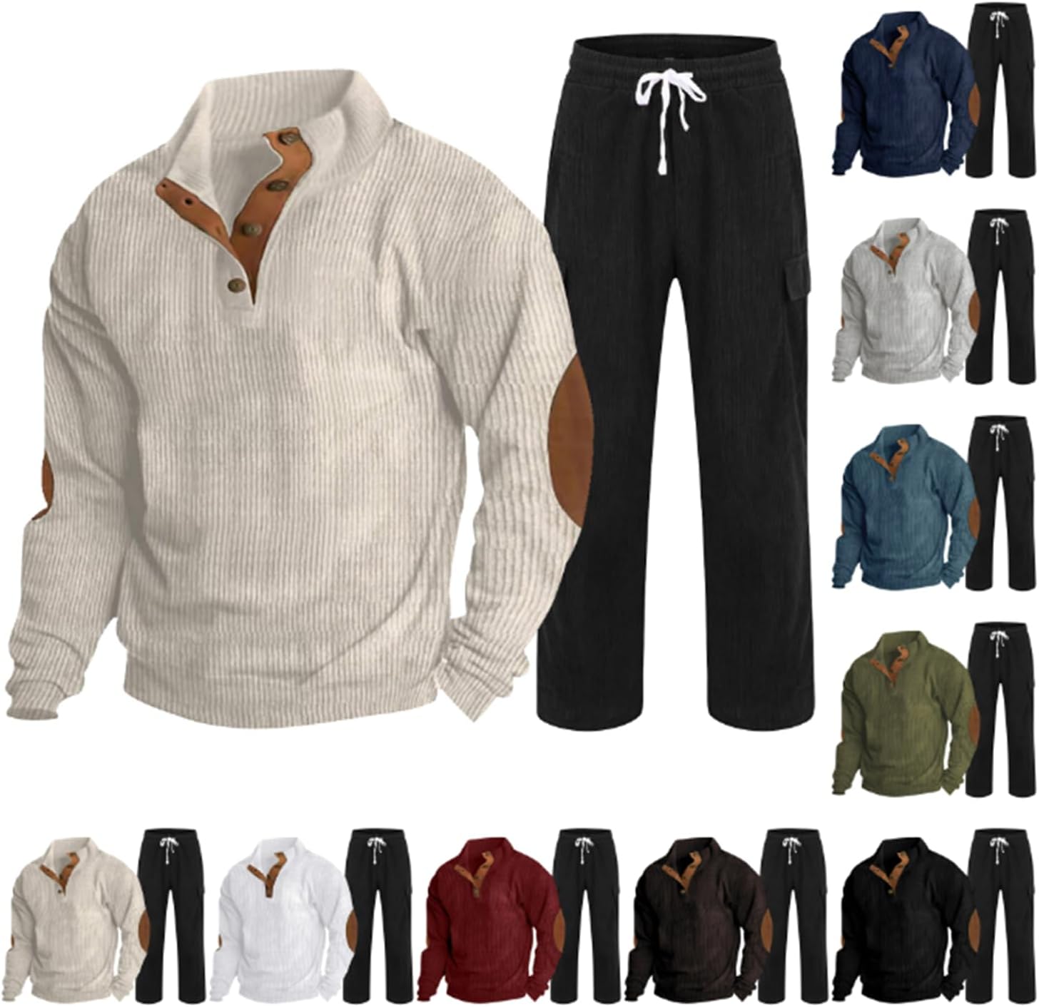 Sweat Suits Men Waffle Tracksuits 2 Piece Sets Casual Long Sleeve Knit Sweatsuits Pullover Pants Sets Jogging Suits