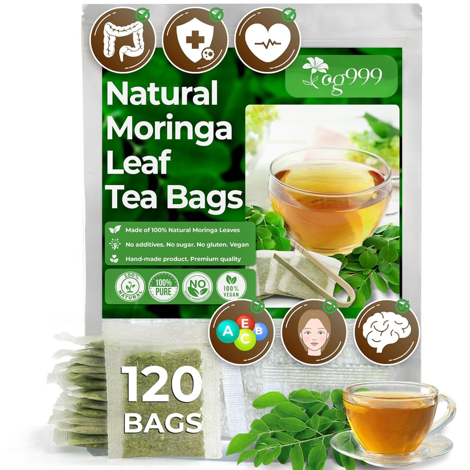 TOG999, Premium 120 Moringa Leaf Tea Bags, 100% Natural & Pure from Moringa Leaves. Loose Leaf Moringa Herbal Tea. Moringa Leaf Tea. No Sugar, No Caffeine, No Gluten, Vegan.