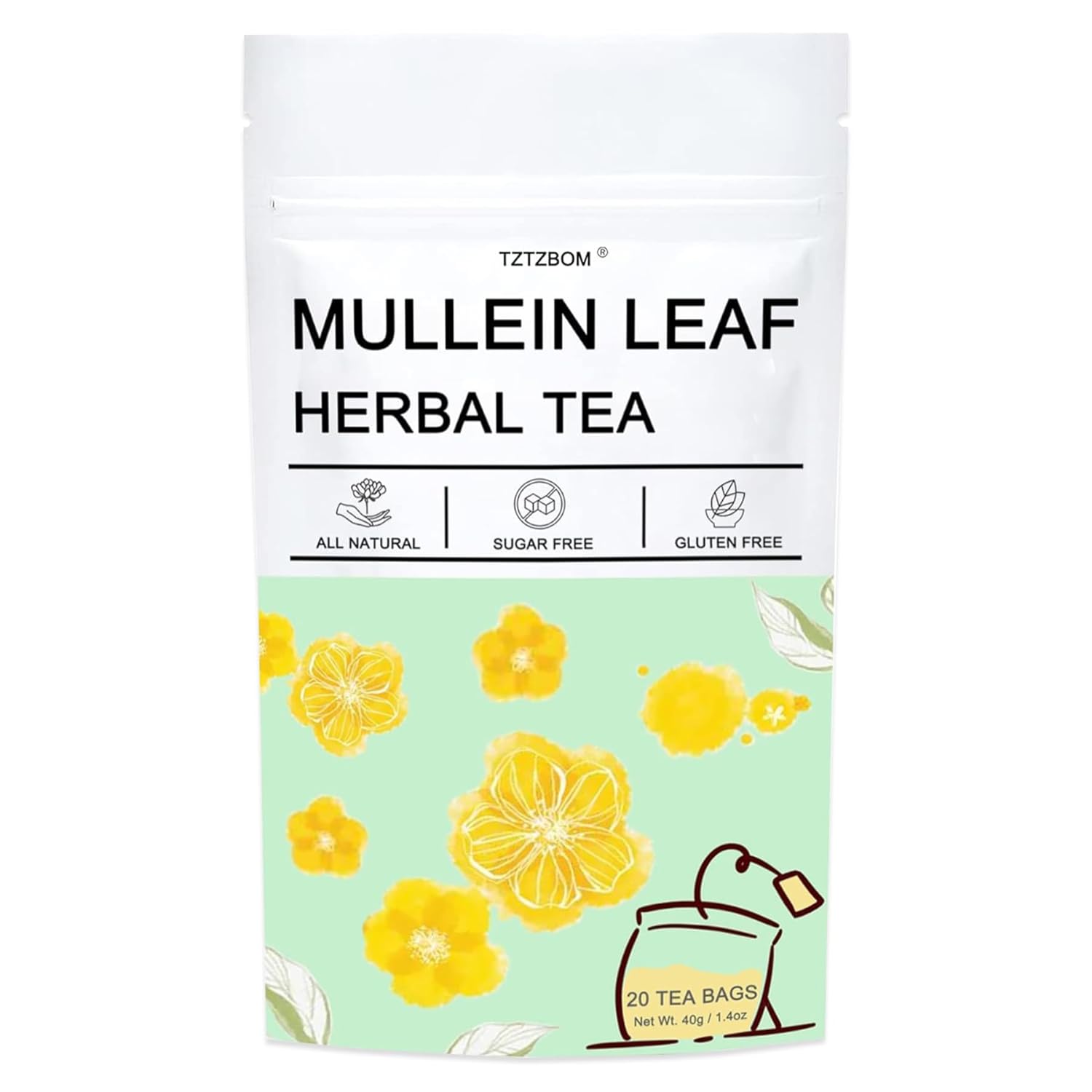 TZTZBOM Mullein Leaf Tea Bags – 100% Pure Mullein Leaves for Lungs Cleanse and Respiratory Support, 20 Tea Bags, Caffeine Free & No Flavoring & No Additives