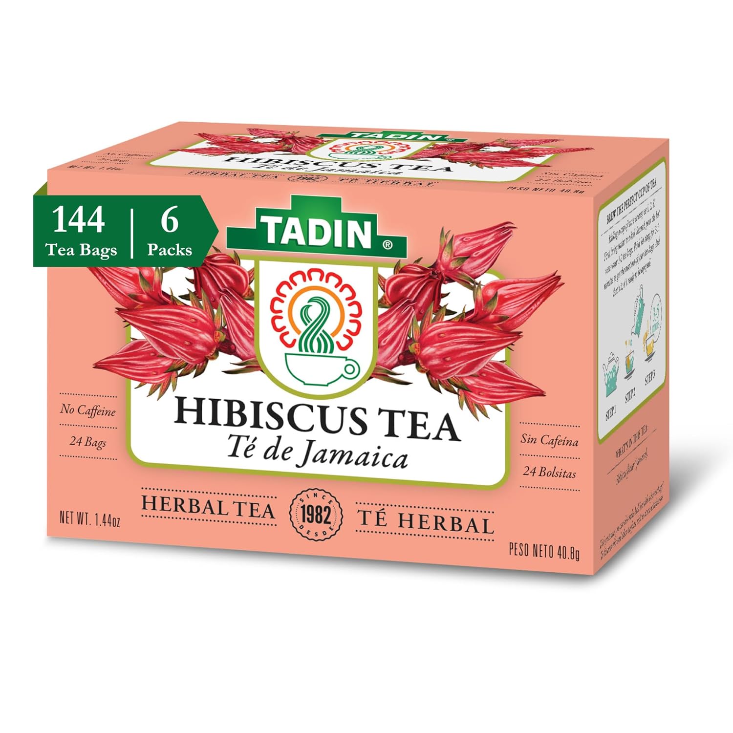 Tadin Hibiscus Tea, Herbal Tea, Caffeine Free Tea, Tea Bags Individually Wrapped, Herbal Tea Bags Best as Hot Tea and Iced Tea, 24 Tea Bags Per Box, Pack of 6