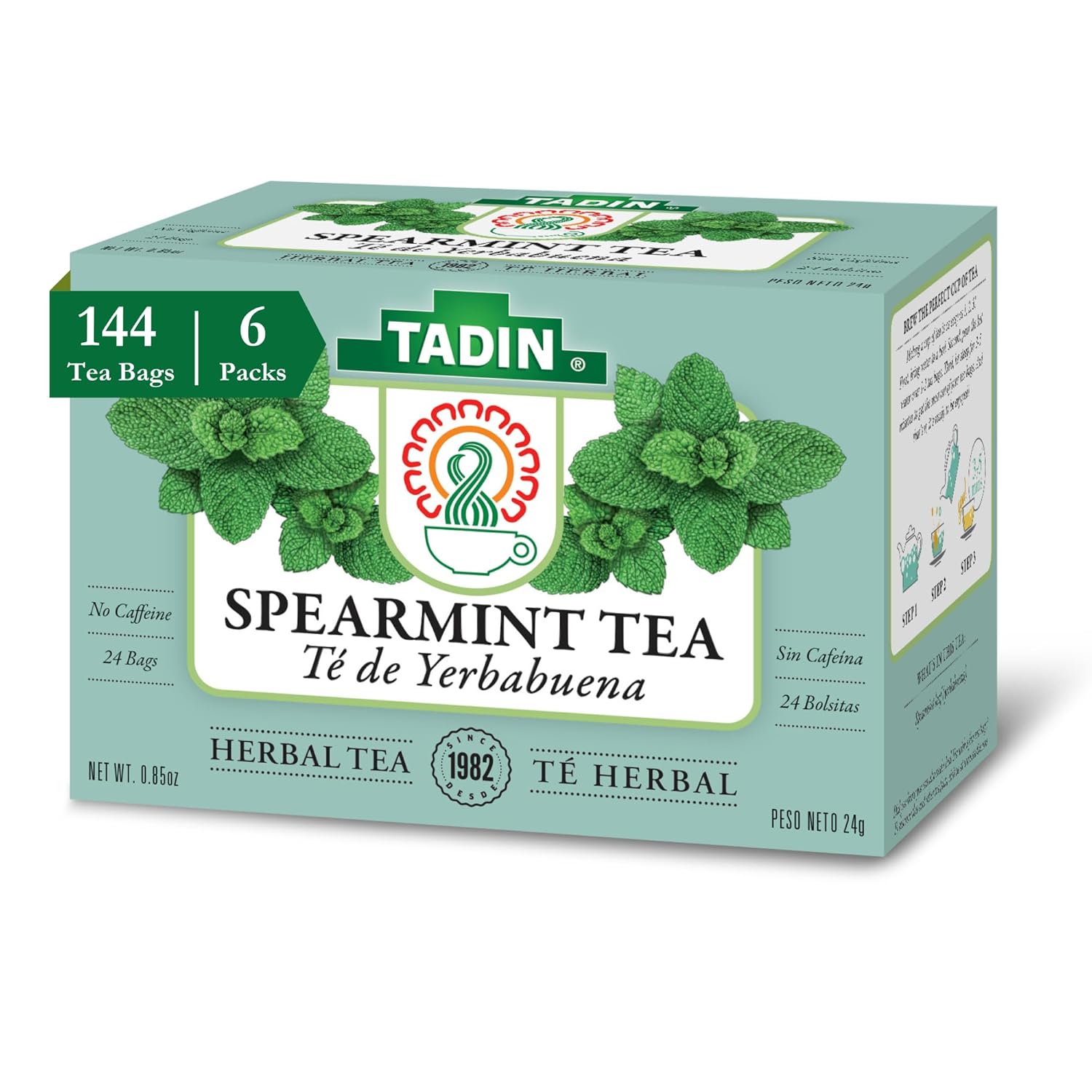 Tadin Spearmint Tea, Herbal Tea, Caffeine Free Tea, Tea Bags Individually Wrapped, Herbal Tea Bags Best as Hot Tea and Iced Tea, 24 Tea Bags Per Box, Pack of 6