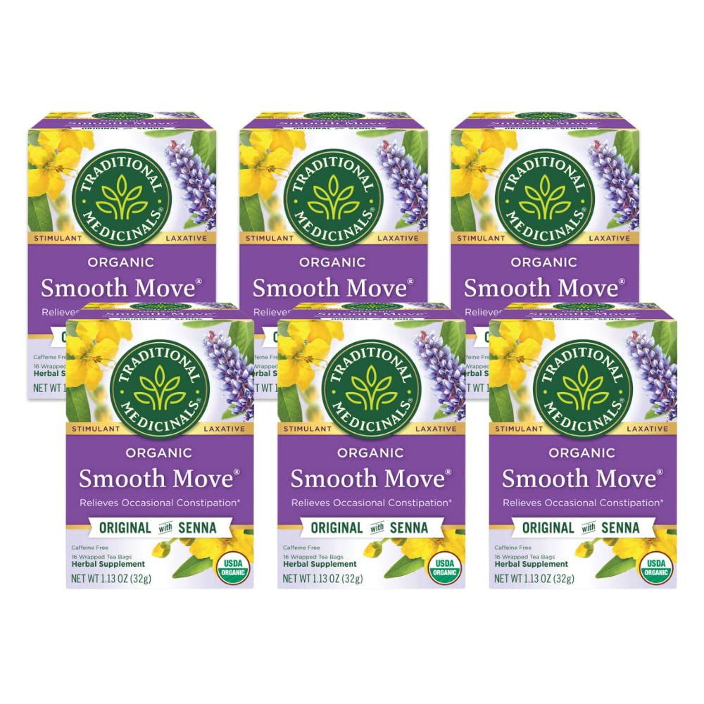 Traditional Medicinals Organic Smooth Move with Senna Herbal Tea, Relieves Occasional Constipation, (Pack of 6) – 96 Tea Bags Total