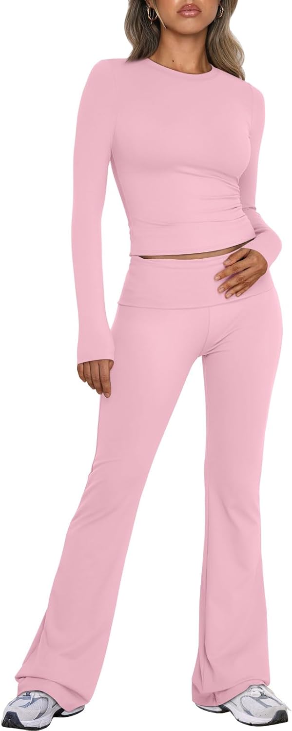 Trendy Queen Lounge Sets For Women 2 Piece Outfits Long Sleeve Shirts and Fold Over Yoga Pants Two Piece Workout Sets