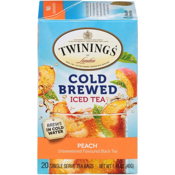 Twinings Cold Brewed Iced Tea Bags, Peach - Ready in 5 Minutes, Flavoured Black Tea Cold Brew Bags, Caffeinated, Unsweetened, 20 Count