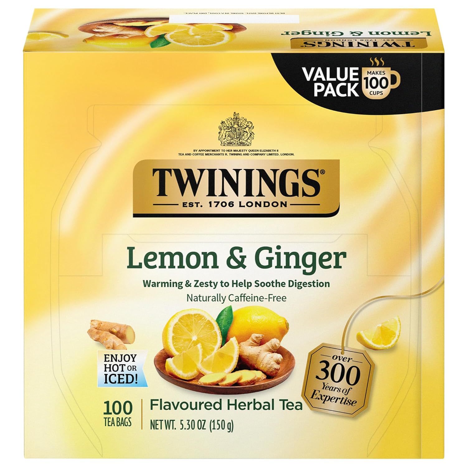 Twinings Lemon & Ginger Herbal Tea Individually Wrapped Bags, 100 Count (Pack of 1), Tangy Lemon, Spicy Ginger, Naturally Caffeine-Free, Enjoy Hot or Iced | Packaging May Vary