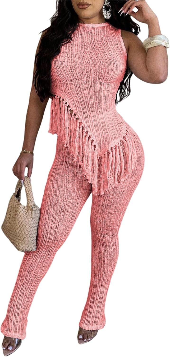 Two Piece Outfits for Women Sexy Sleeveless Knit Fringed Hem Crop Tops Skinny Long Pants Sets Y2k Tracksuits Clubwear