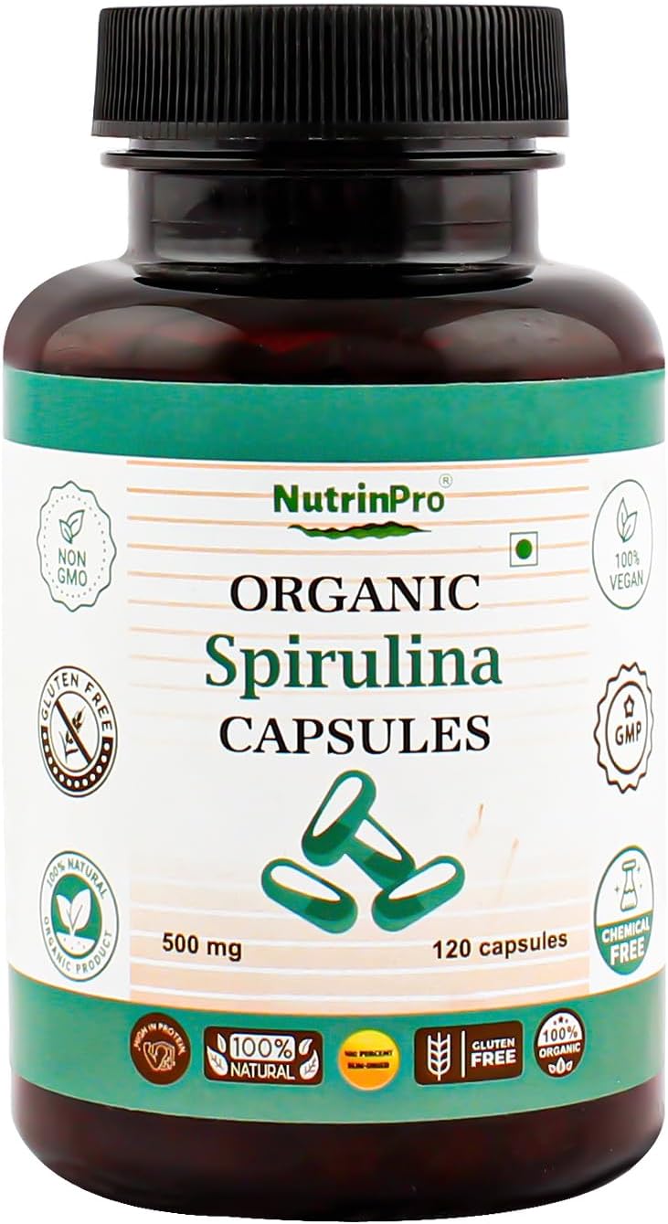 USDA Organic Spirulina Capsules – 100% Pure Vegan Supplement, Non-GMO, Gluten-Free, Chemical-Free, (120)