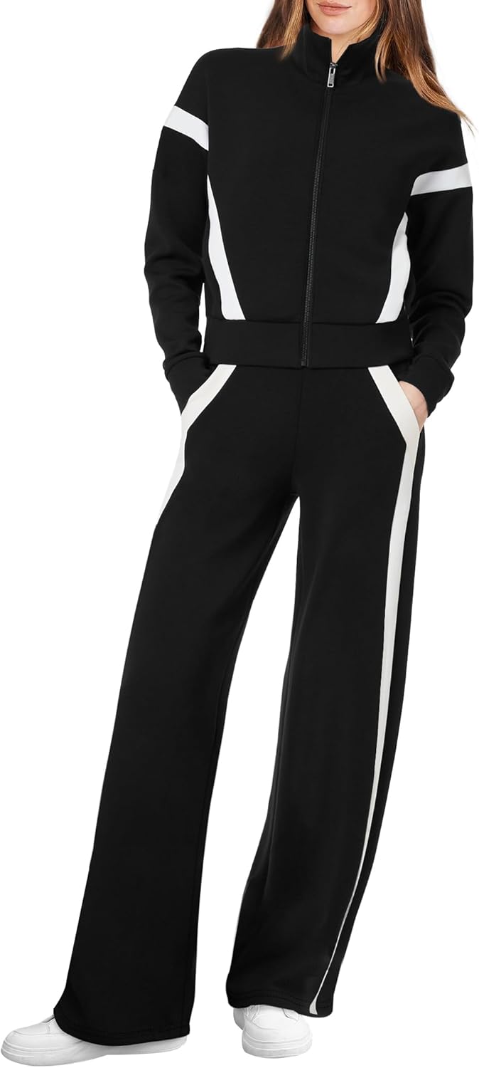 WIHOLL Lounge Sets for Women 2024 Casual 2 Piece Outfits Sweatsuits Tracksuit Zip Up Sweatshirt Wide Leg Sweatpants