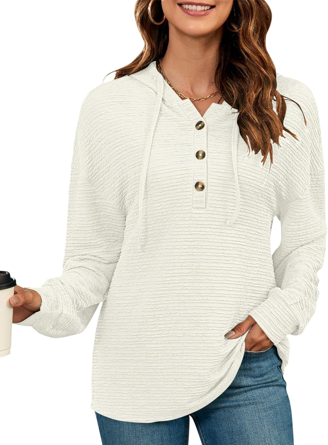 WNEEDU Hoodies for Women Casual Henley Pullover Sweatshirts Long Sleeve Tunic Tops Textured Drawstring Hoodies