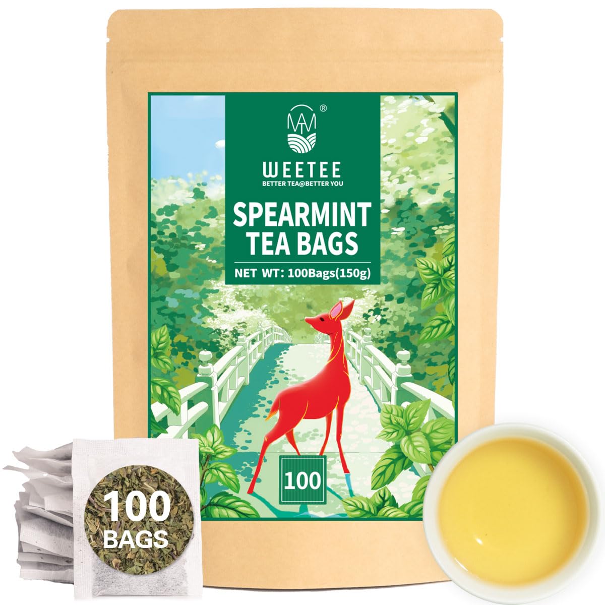 WT WEETEE Spearmint Tea Bags, Made with 100% Pure Spearmint Leaf, Natural Caffeine-free Herbal Tea, Refreshing & Smooth Mint Tea