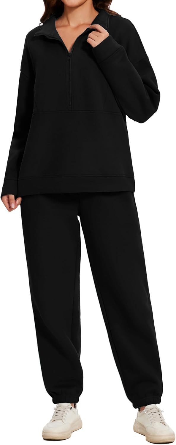 Women Oversized Long Sleeve Sweatsuit Half Zip Sweatshirt & High Waisted Pants 2 Piece Outfits With Pockets