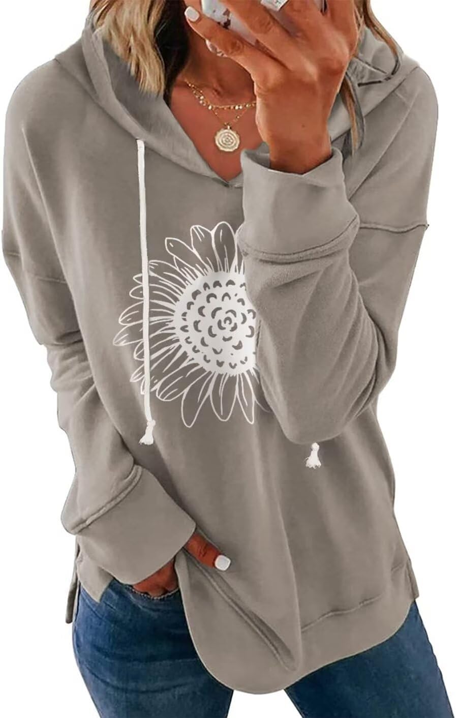 Women Sunflower Graphic Hoodies Long Sleeve Pullover Drawstring Sweatshirt Loose Fit Tunic Tops