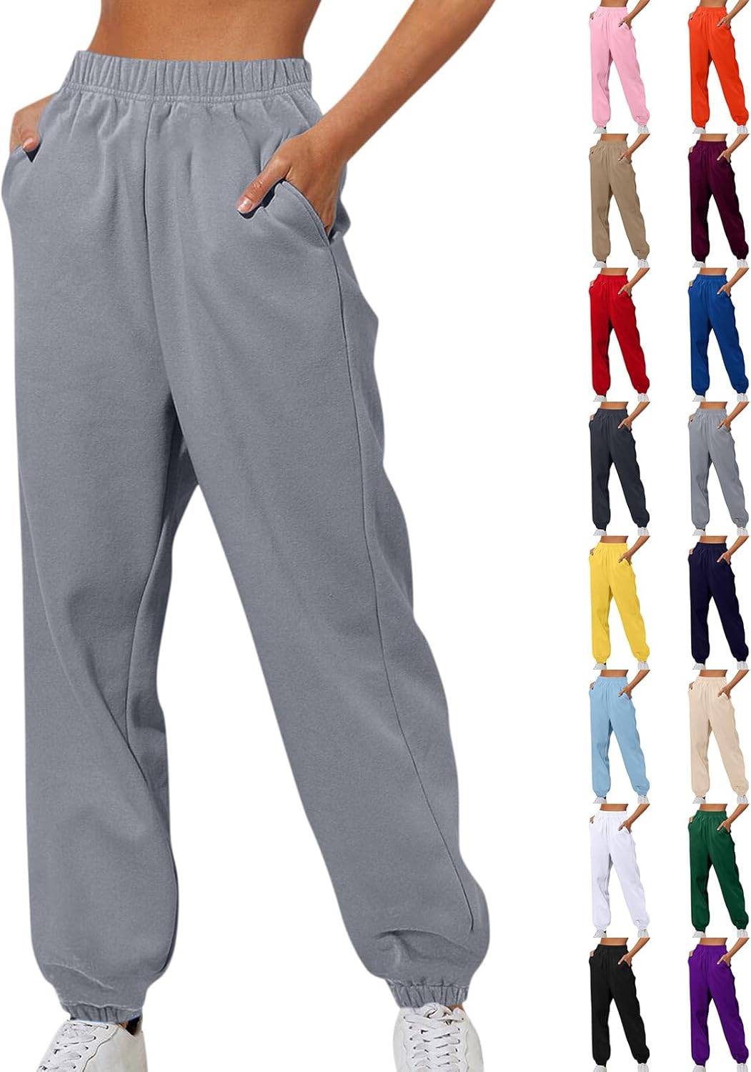 Womens Joggers with Pockets Fleece Lined High Waisted Sweatpants Comfy Elastic Waist Jogging Pants Sweat Pants