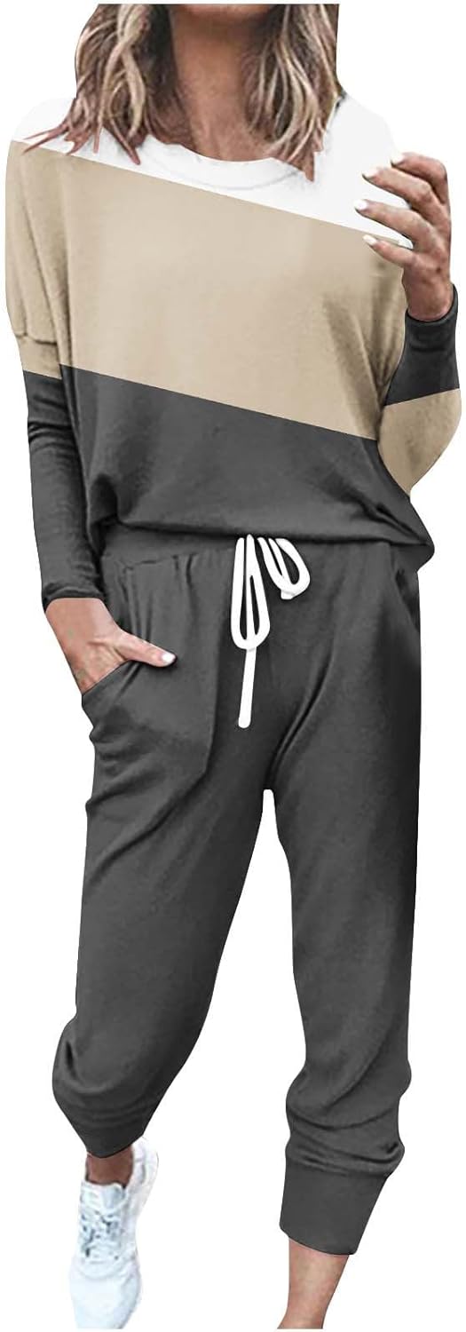 Womens Sets 2 Piece Outfits Dressy Long Sleeve Contrast Striped Lounge Sets Jogger Sweatpant Two Piece Sweat Suits
