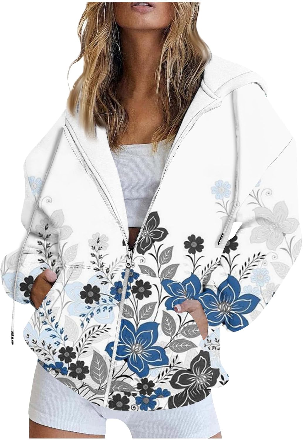 Women’s Trendy Floral Printing Jacket Zip Up Long Sleeve Hoodies Streetwear Fashion Coat With Pockets