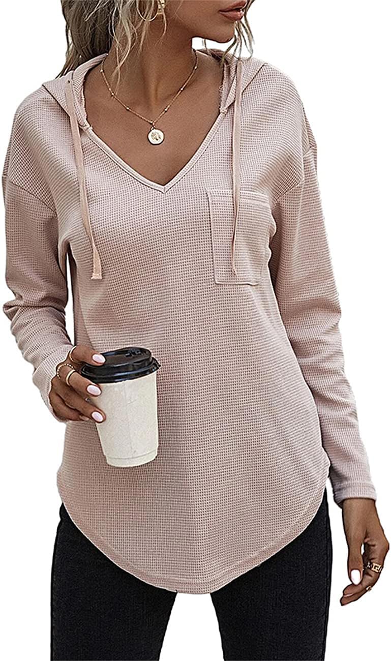 Women’s V Neck Hoodies Long Sleeve Sweatshirt Drawstring Pullover Tops with Pocket