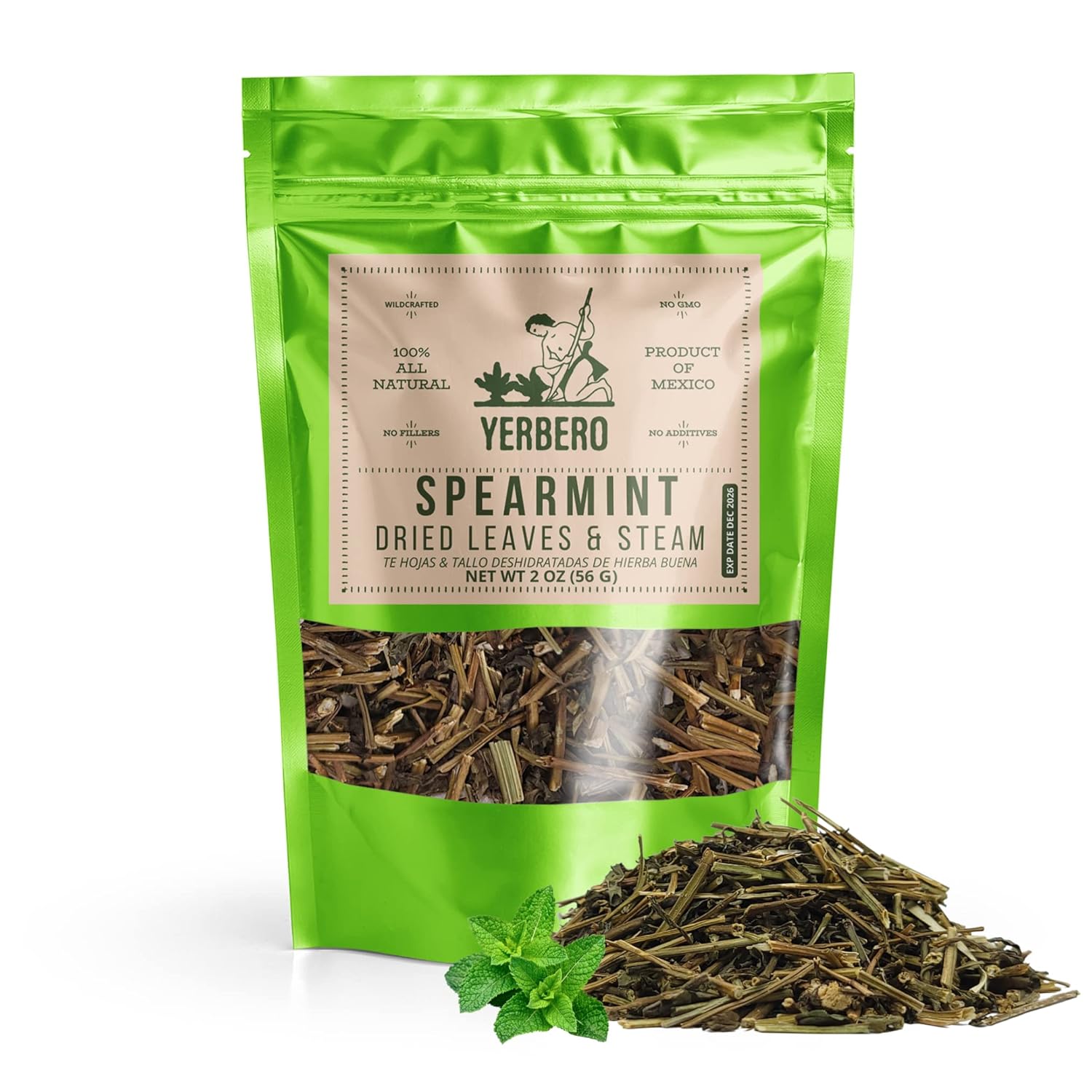 Yerbero – Premium Loose Spearmint Tea 2 oz (58gr) | Hierba Buena Te Herbal | Makes 30+ Cups | Dried Mentha Spicata Plant | Stand Up Resealable Bag | Crafted By Nature100% All Natural, non-GMO, Gluten-free.