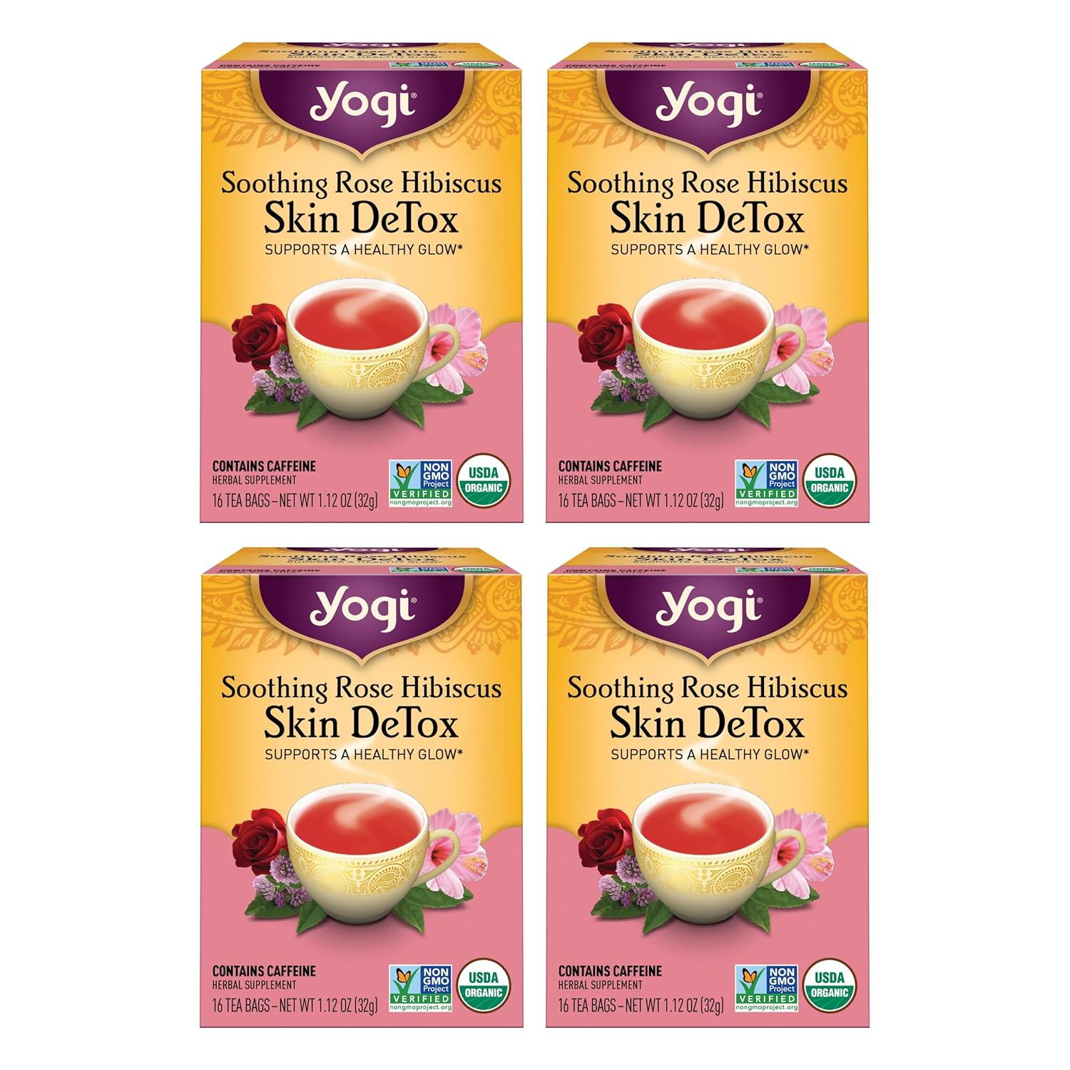 Yogi Tea Soothing Rose Hibiscus Skin DeTox Tea – 16 Tea Bags per Pack (6 Packs) – Organic DeTox Tea to Support Skin Health – Includes Green Tea Leaf, Rose Petal, Honeybush Leaf, Hibiscus & More