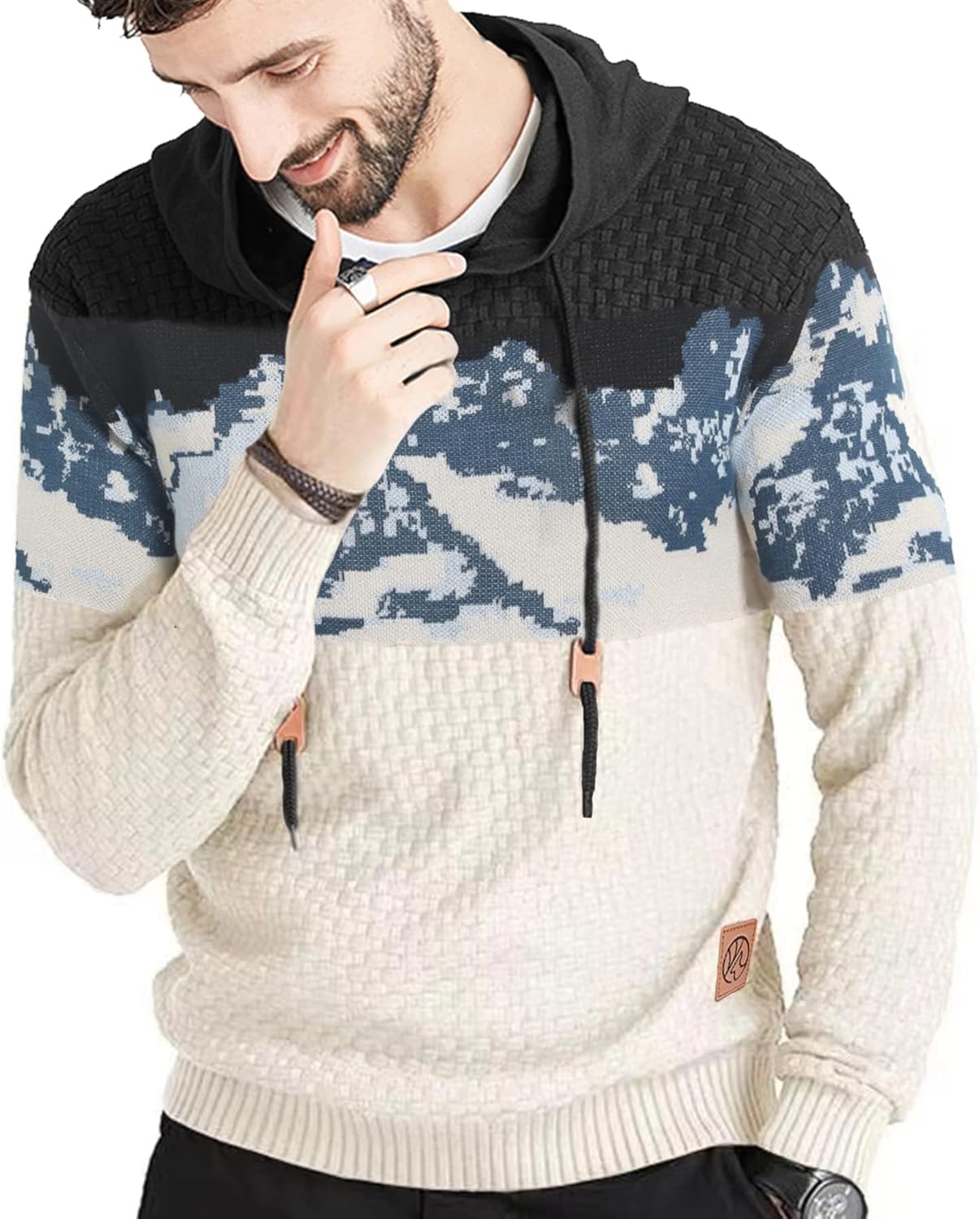 Zaitun Mens Hooded Sweatshirt Long Sleeve Solid Knitted Hoodie Pullover Sweater