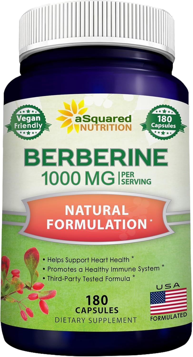 aSquared Nutrition Pure Berberine 1000mg Supplement – 180 Veggie Capsules, Natural Berberine Hydrochloride HCL Plus, Max Strength 1000 mg (2X 500mg), Potent Berberine Vegan Extract