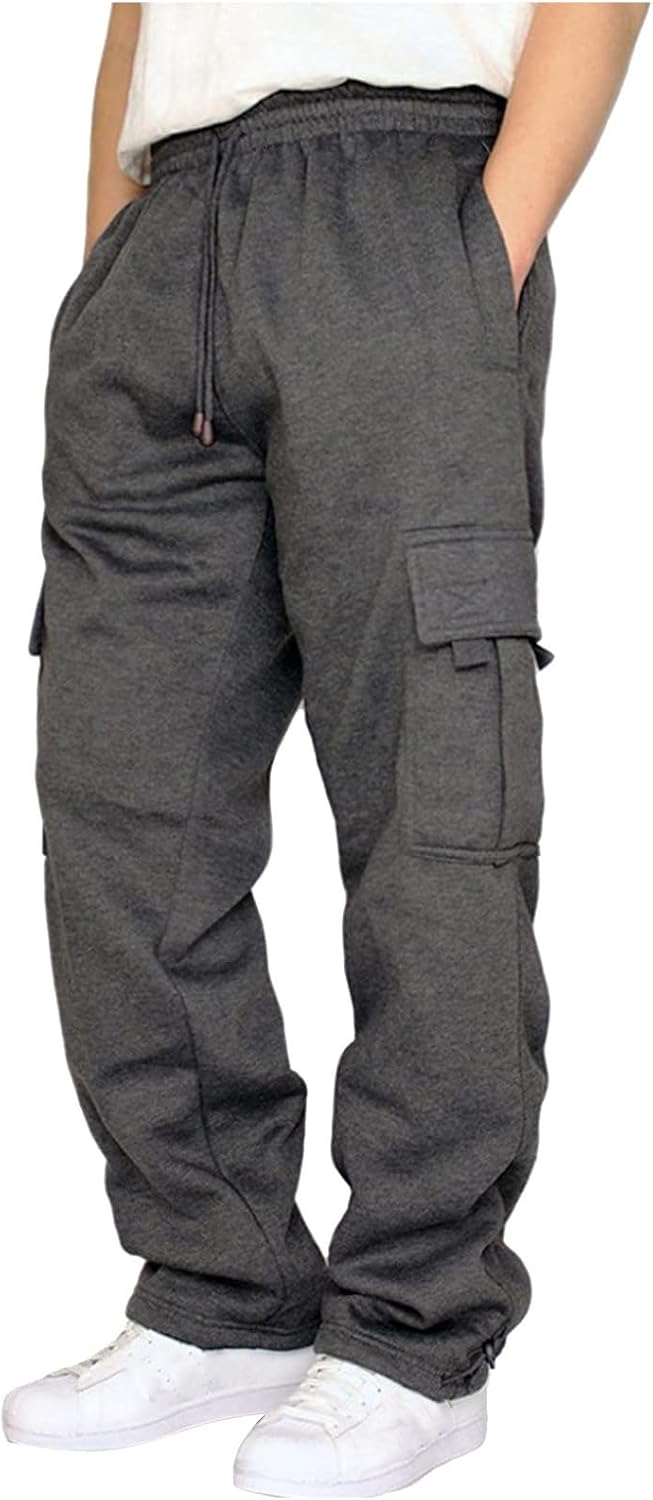 symoid Men’s Fleece Cargo Sweatpants Open Bottom Drawstring Baggy Joggers Loose Fit Tech Athletic Workout Gym Pants