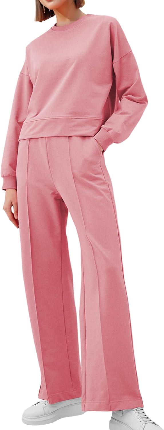 2 Piece Outfits For Women Casual Crew Neck Sweatsuit Tracksuit Elastic Waist Pleated Pants Lounge Sets