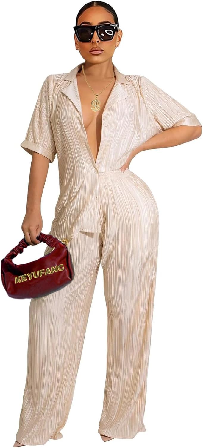 2 Piece Outfits for Women 90s Casual Boho Trendy Muse Shirt Wide Leg Pants Solid Daily Pleated Suit