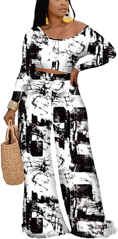 2 Piece Outfits for Women Sexy Backless Long Sleeve Crop Top High Waist Wide Leg Long Pant Sets Tracksuit Printed Set