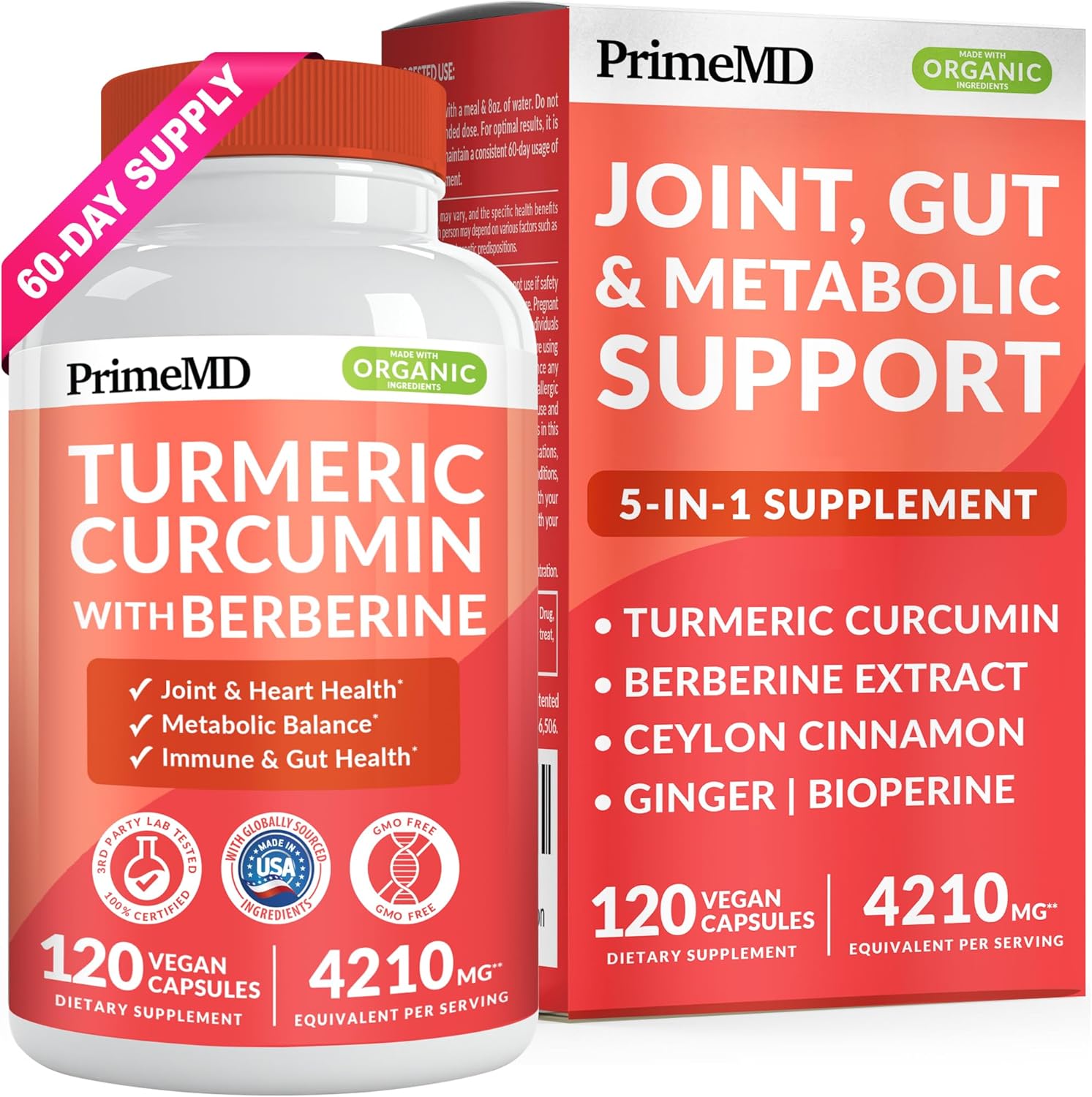5-in-1 Turmeric Curcumin Supplement (4210mg) with Berberine, & Ceylon Cinnamon – Organic Turmeric Curcumin with Black Pepper and Ginger Supplements for Joint, Heart, Gut, & Metabolic Support (120 ct)