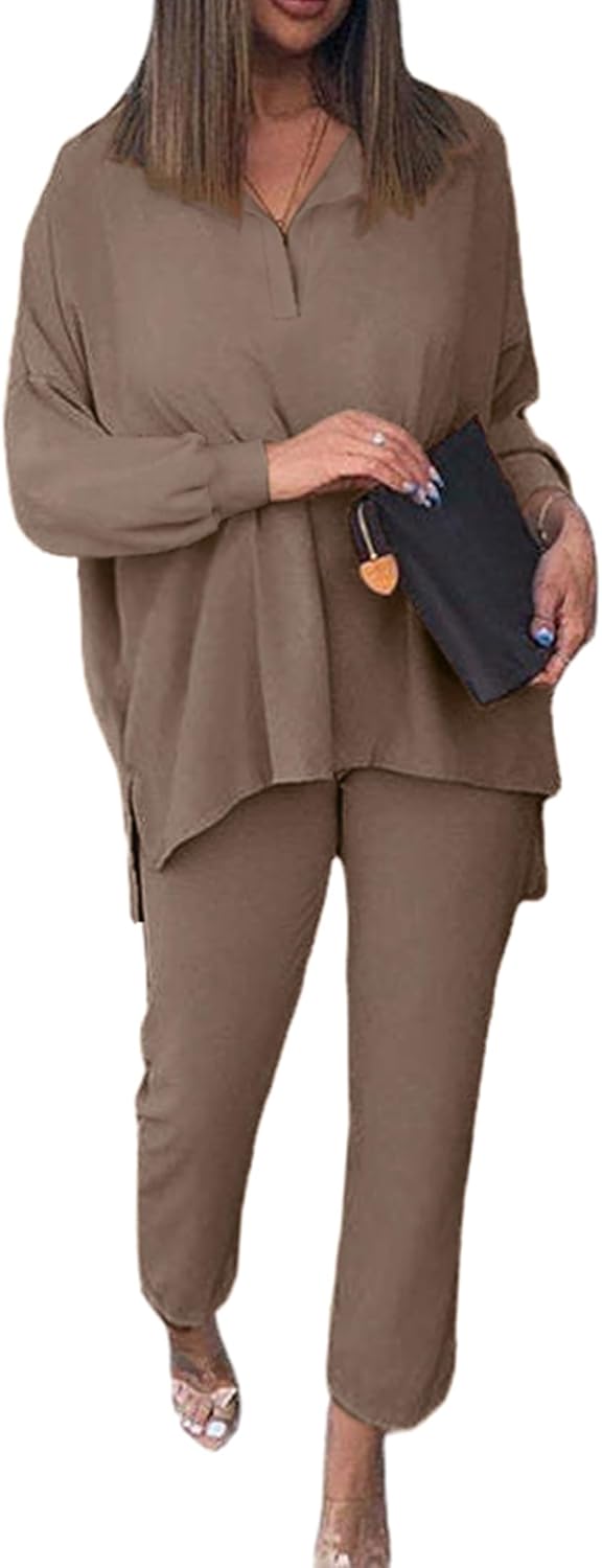 AGSEEM Two Pieces Outfits for Women Lounge Set Oversized Side Slit Sweatshirts Sweatsuits Set Sweatpants