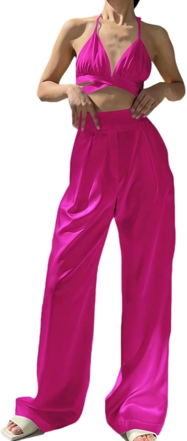 AI’MOURI Sexy 2 Piece Outfits for Women, Summer Satin Sleeveless Lace-Up Crop Tops and Wide Leg Pants Matching Sets