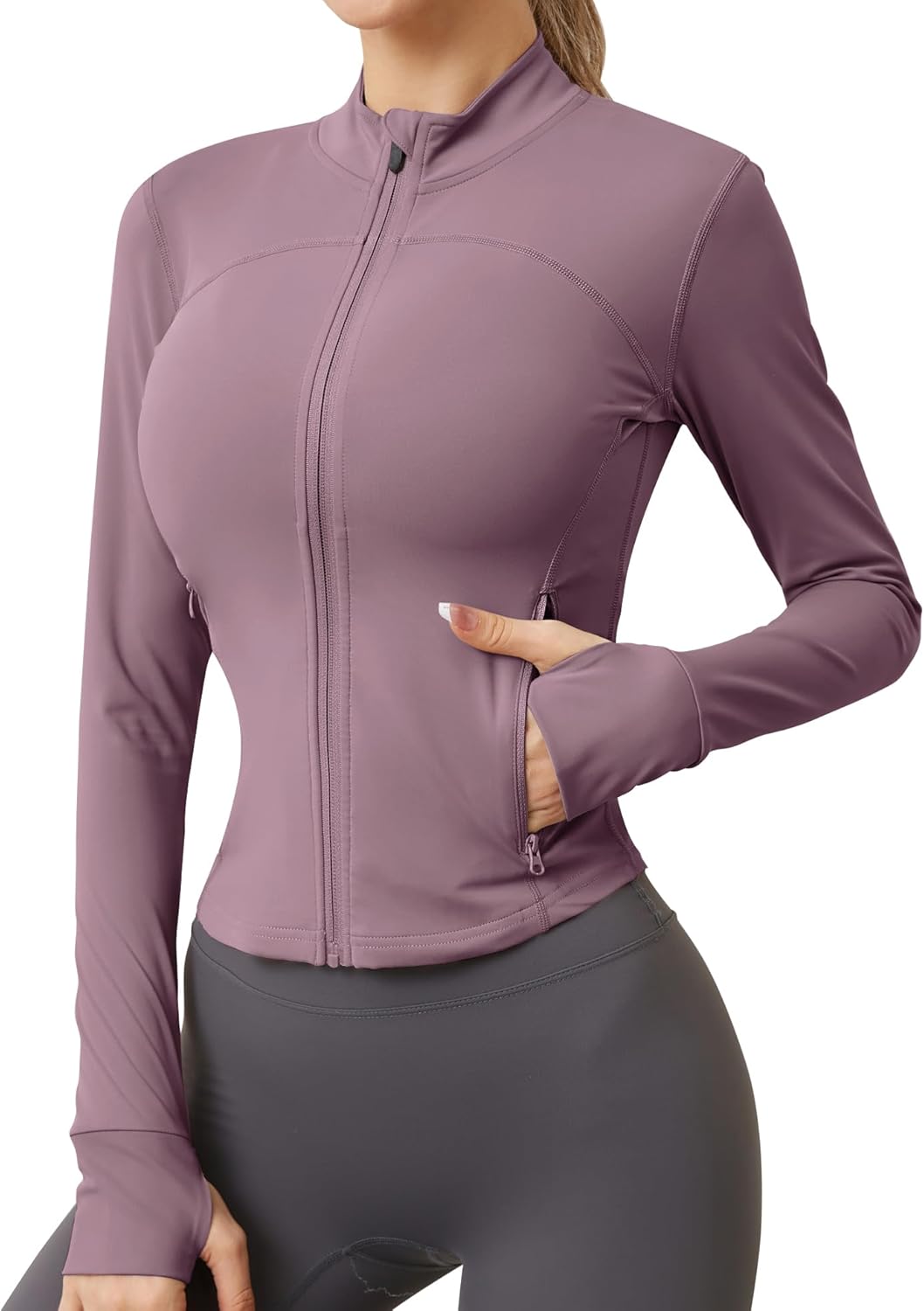 AKEWEI Womens Zip Up Workout Jackets Lightweight Athletic Slim Fit Track Jacket with Inner and Outer Pockets and Thumb Holes