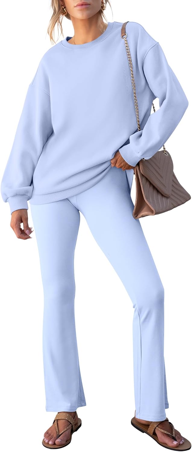 ANRABESS Women 2 Piece Sweatsuits Lounge Set Oversized Fleece Crewneck Sweatshirts Flare Pants 2024 Fall Outfits Clothes